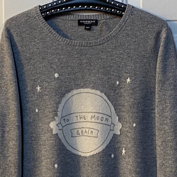 NEW Repeat 100% Cashmere Women Sz S Gray Sweater Pullover "To The Moon and Back" - Picture 2 of 11